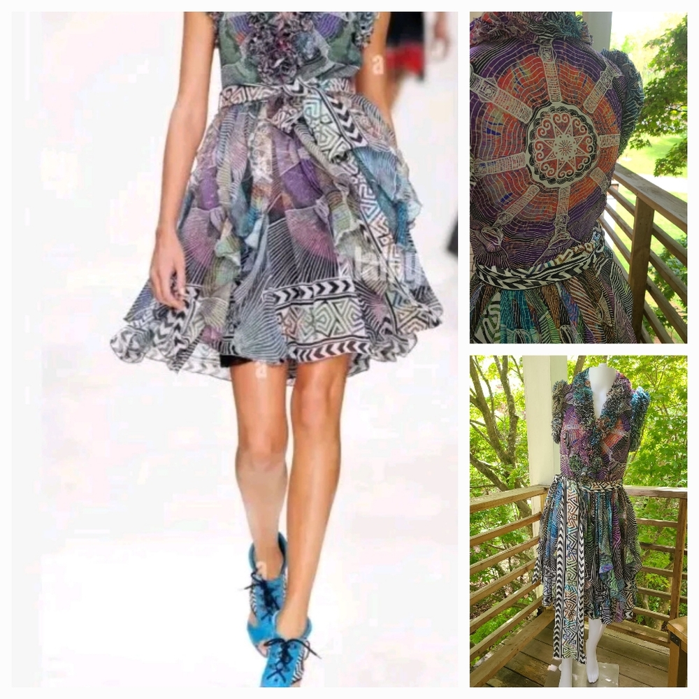 Matthew Williamson silk chiffon Aztec ikat design dress 8 xs FAIRY